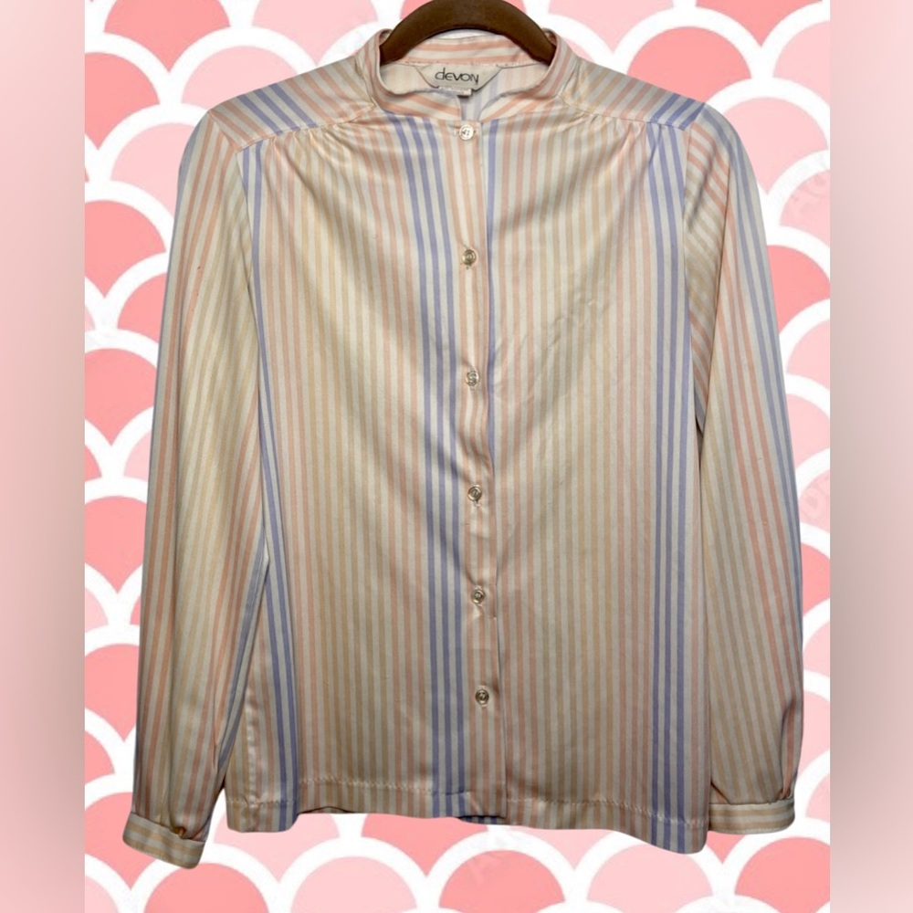 Devon Pastel Pink, Blue, and White Striped Long Sleeve Button-Up - Size Small